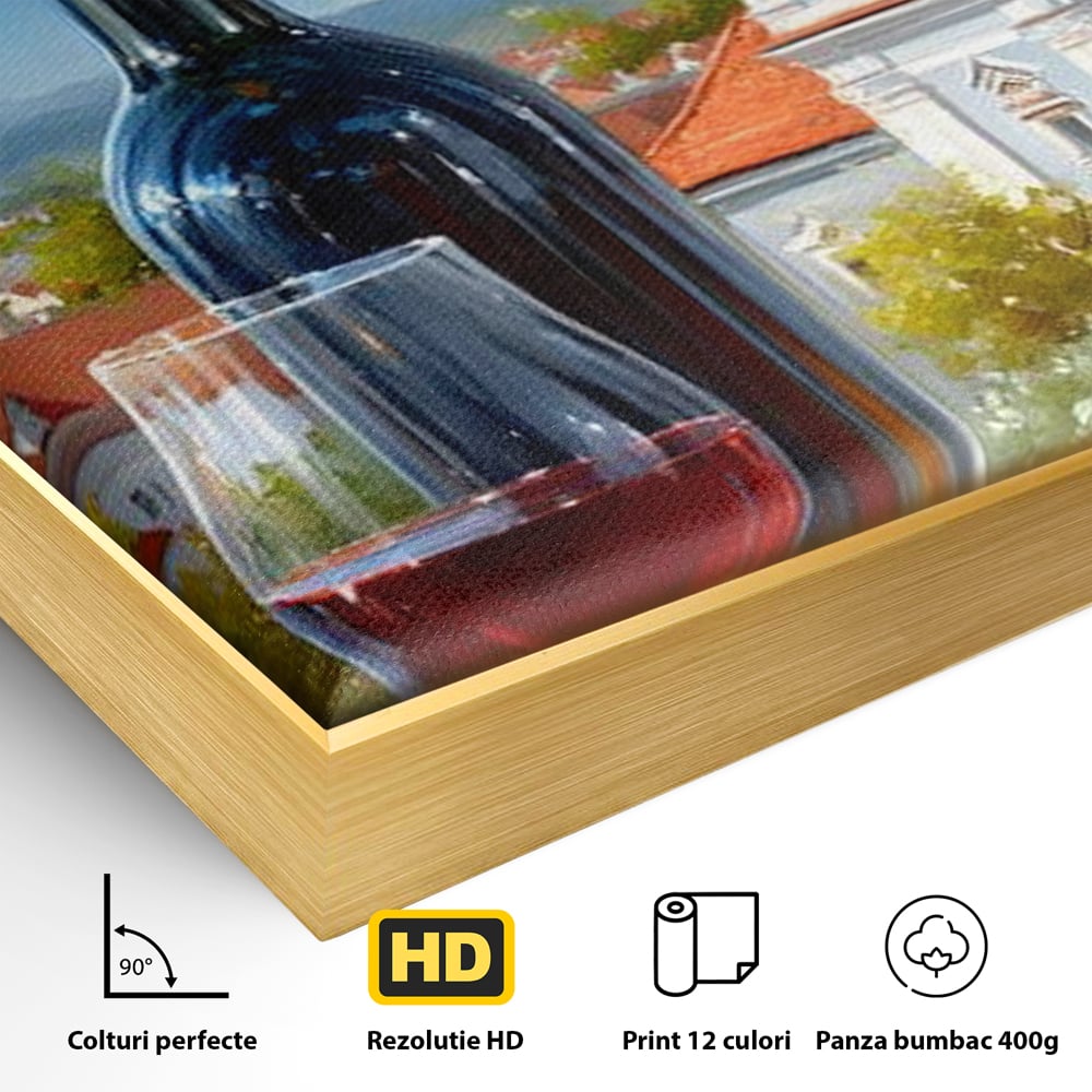 Detaliu al suprafetei: pictura cu sticla de vin si manastire, in rama de aluminiu auriu